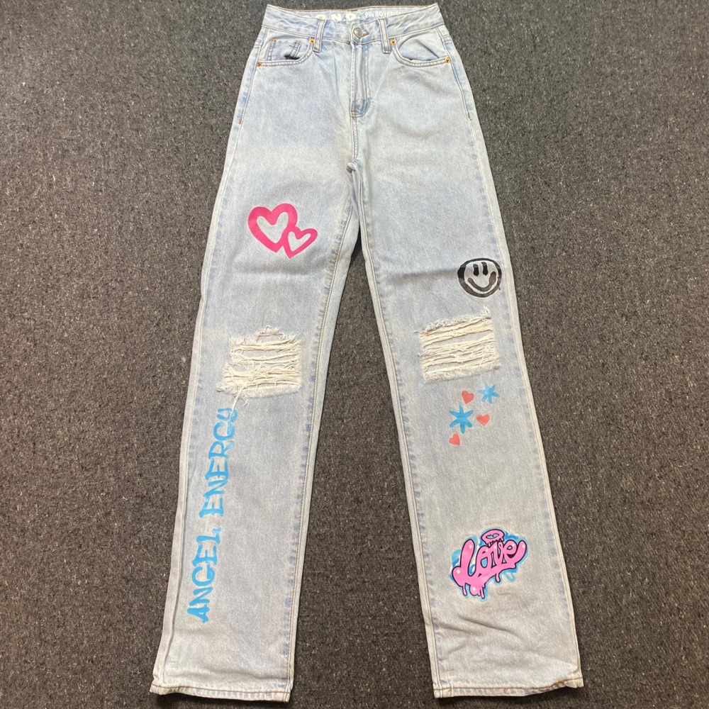 SONG 90s Boyfriend Jeans Sz 00 Womens Blue Y2K Distressed Graphic Angel Energy